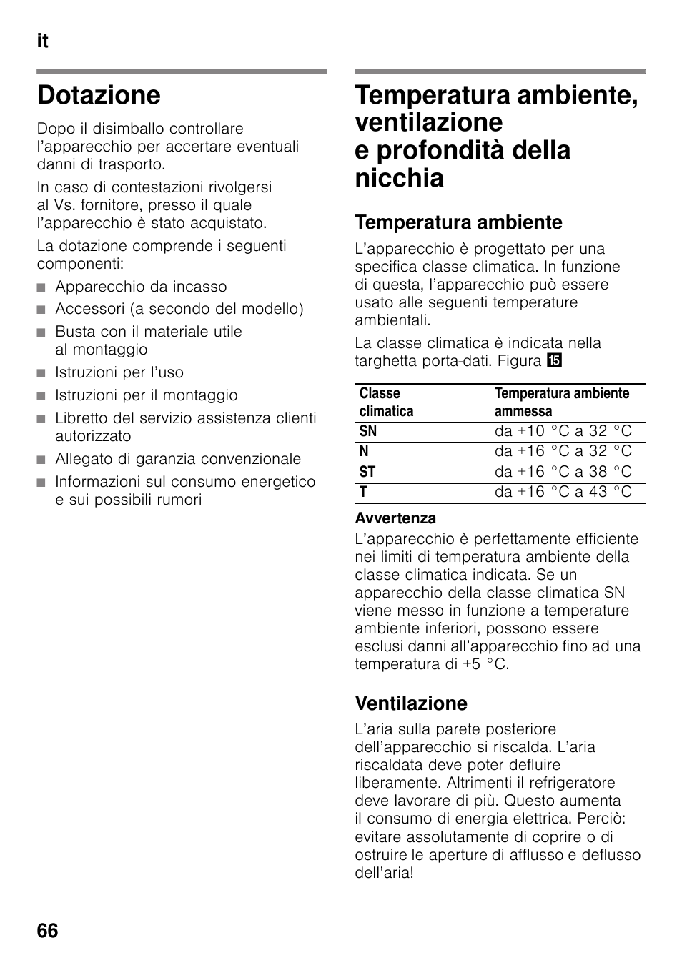 Dotazione, La dotazione comprende i seguenti componenti, Apparecchio da incasso | Accessori (a secondo del modello), Busta con il materiale utile al montaggio, Istruzioni per l’uso, Istruzioni per il montaggio, Allegato di garanzia convenzionale, Temperatura ambiente, Ventilazione | Siemens KI32LAD30 User Manual | Page 66 / 106