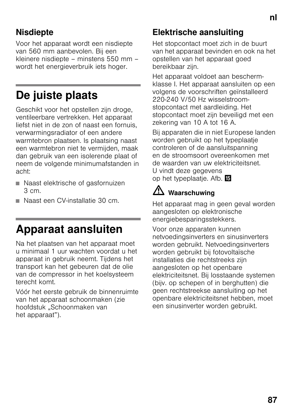 Nisdiepte, De juiste plaats, Naast elektrische of gasfornuizen 3 cm | Naast een cv-installatie 30 cm, Apparaat aansluiten, Elektrische aansluiting, Nl 87 nisdiepte | Siemens KI32LAD30 User Manual | Page 87 / 106