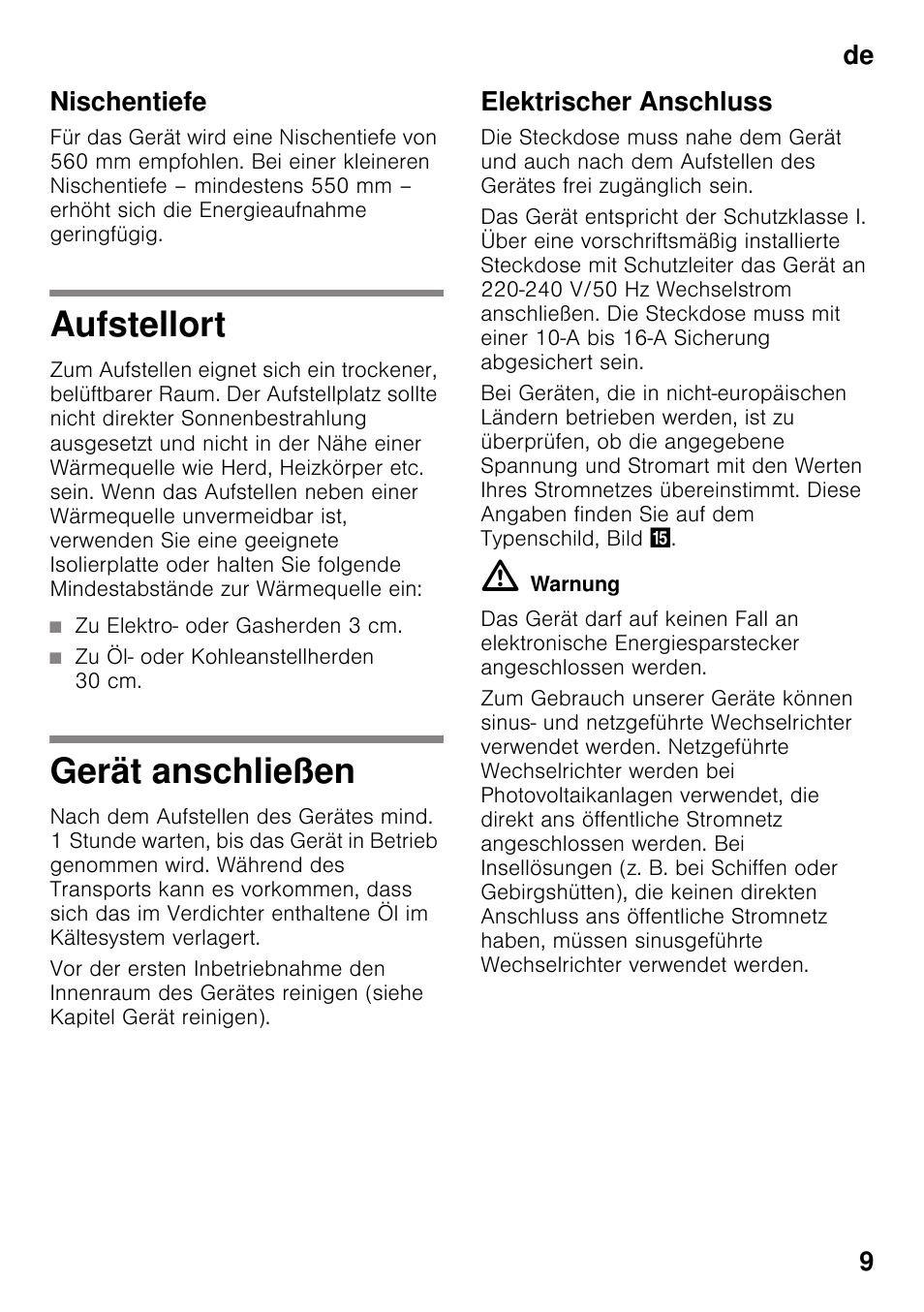 Nischentiefe, Aufstellort, Zu elektro- oder gasherden 3 cm | Zu öl- oder kohleanstellherden 30 cm, Gerät anschließen, Elektrischer anschluss, De 9 nischentiefe | Siemens KI32LAD30 User Manual | Page 9 / 106