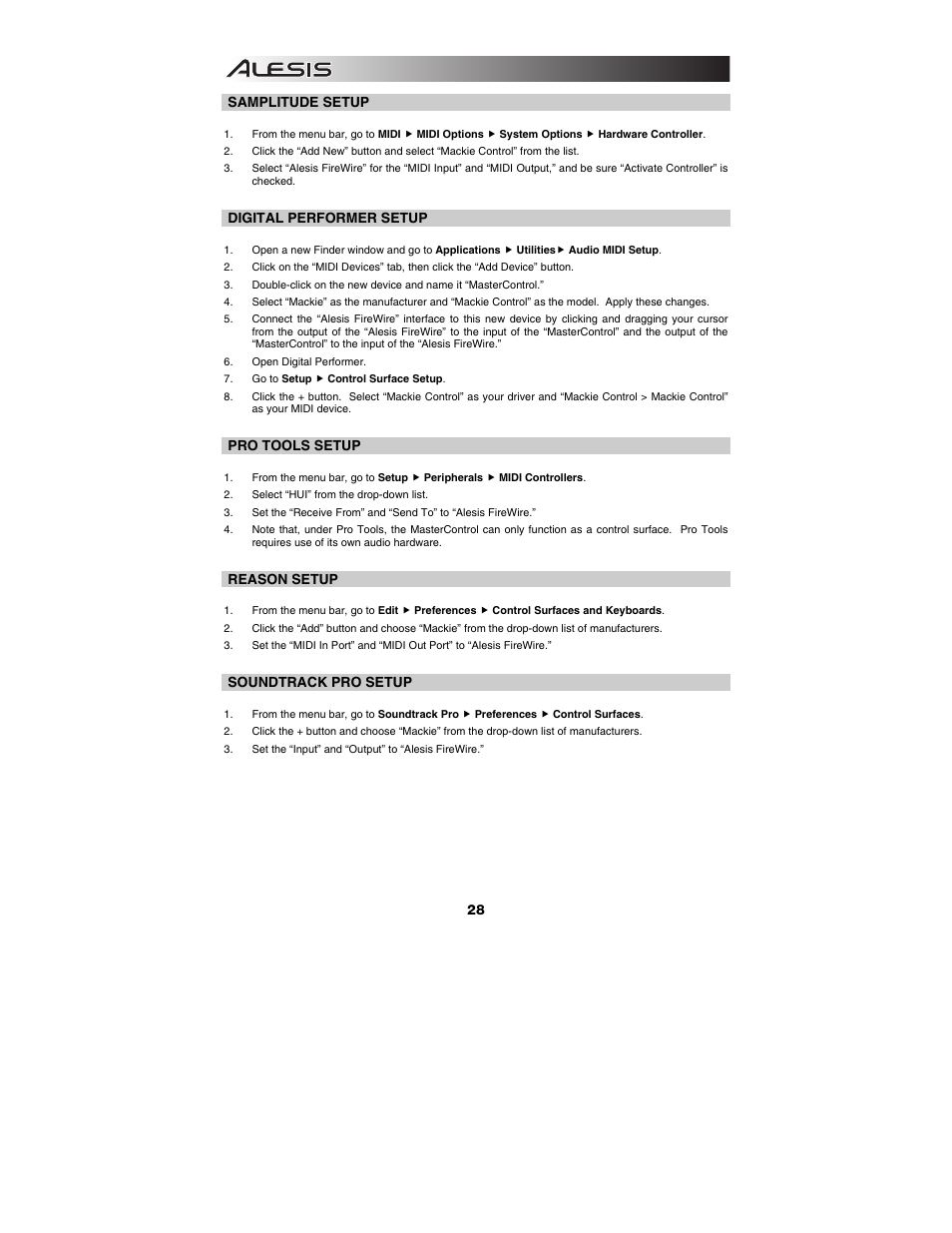 Samplitude setup, Digital performer setup, Pro tools setup | Reason setup, Soundtrack pro setup | ALESIS Studio Interface MasterControl User Manual | Page 30 / 56