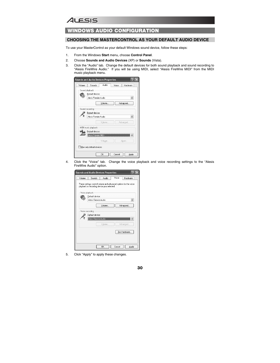 Windows audio configuration | ALESIS Studio Interface MasterControl User Manual | Page 32 / 56