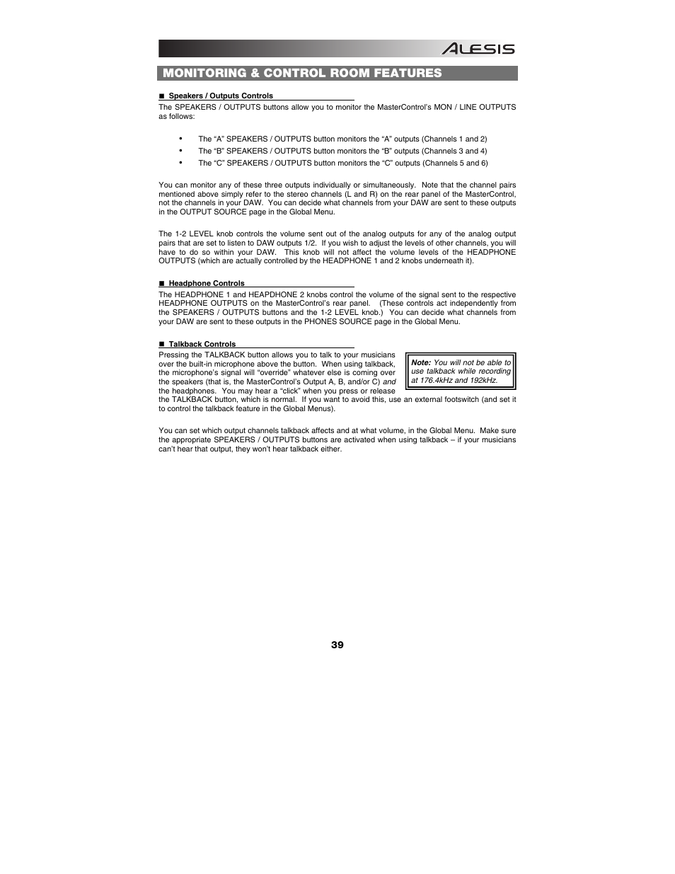 Monitoring & control room features | ALESIS Studio Interface MasterControl User Manual | Page 41 / 56