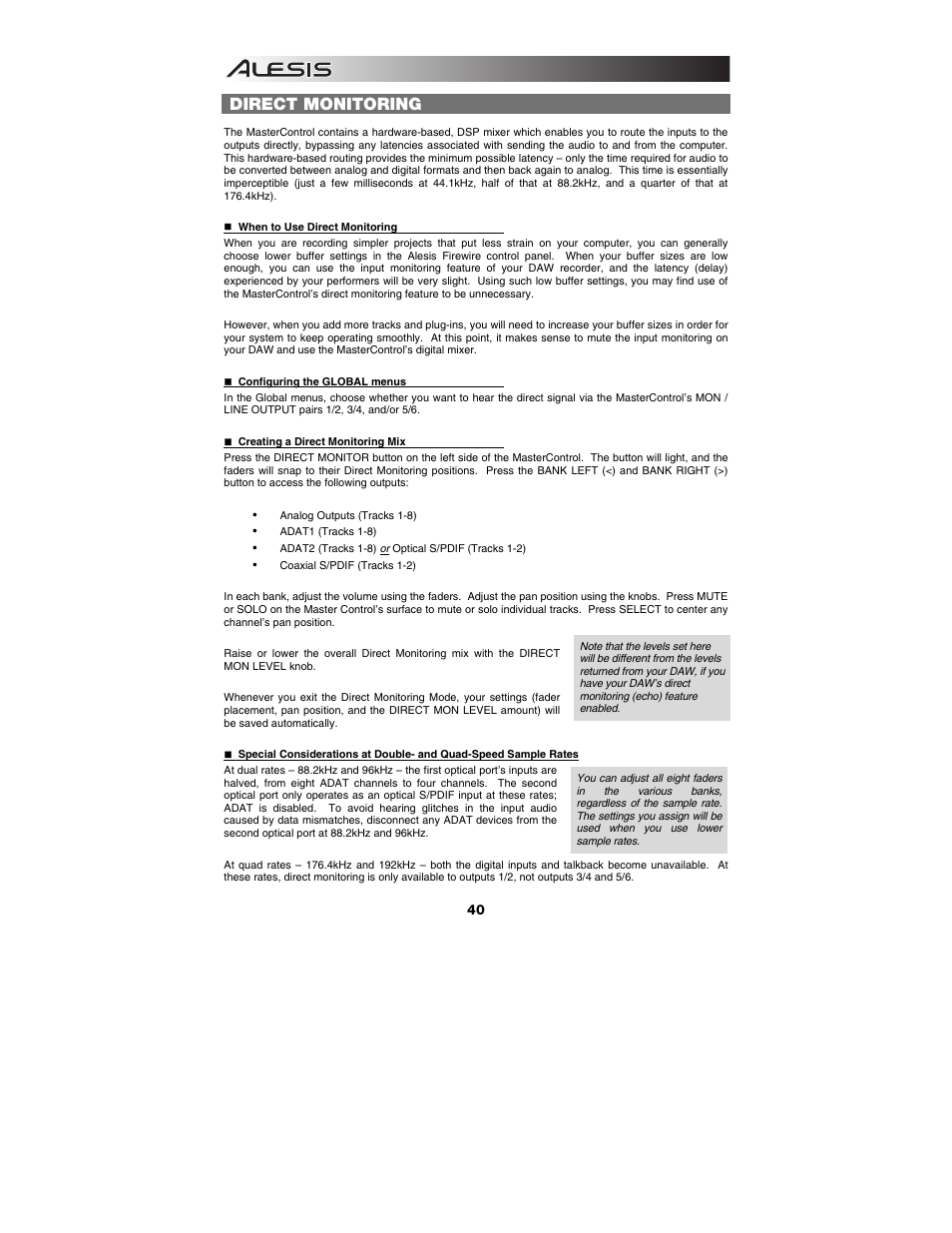 Direct monitoring | ALESIS Studio Interface MasterControl User Manual | Page 42 / 56