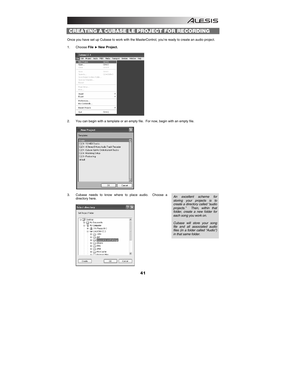 Creating a cubase le project for recording | ALESIS Studio Interface MasterControl User Manual | Page 43 / 56