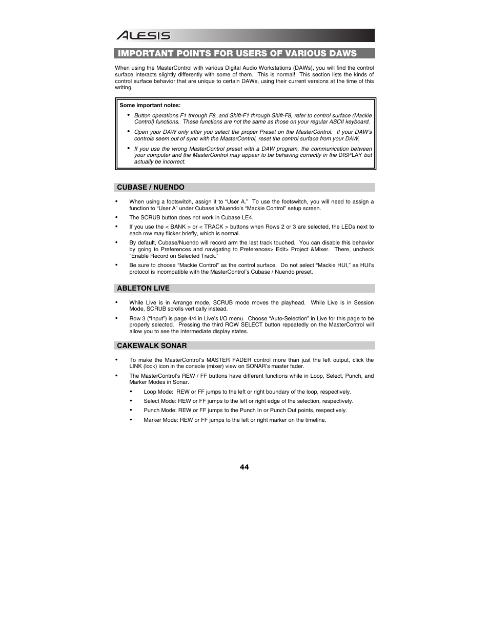 Important points for users of various daws | ALESIS Studio Interface MasterControl User Manual | Page 46 / 56