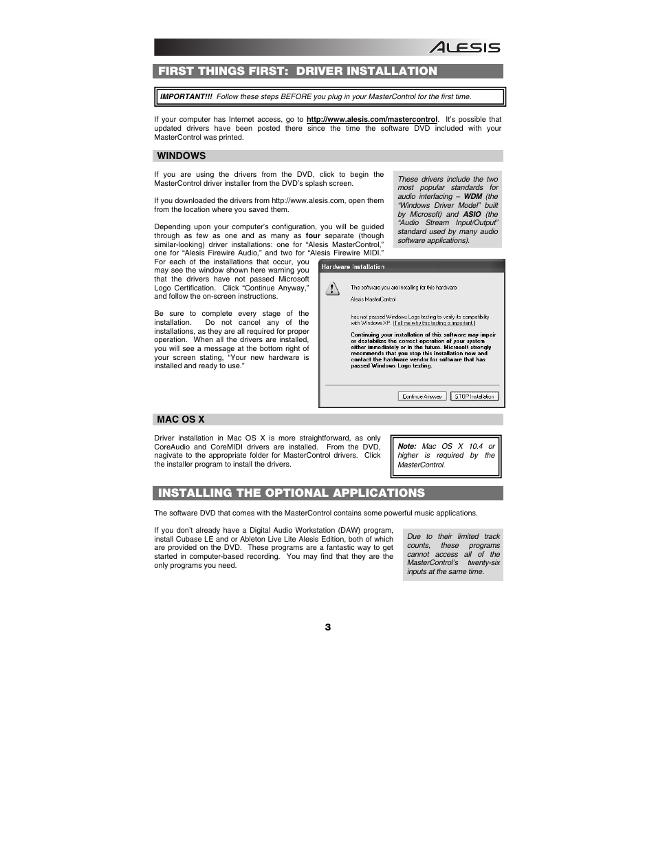 First things first: driver installation, Installing the optional applications | ALESIS Studio Interface MasterControl User Manual | Page 5 / 56