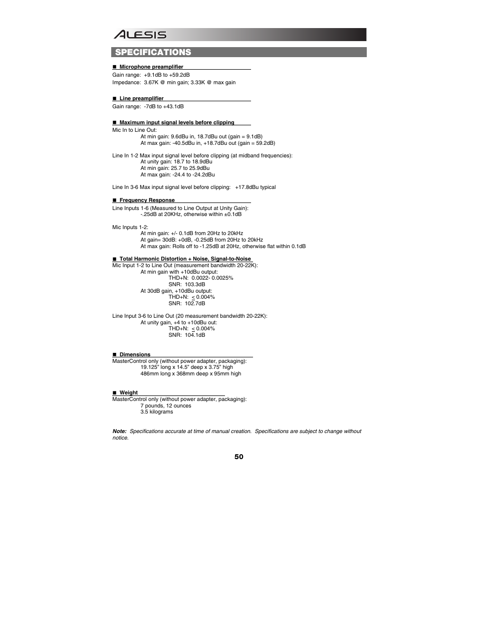 Specifications | ALESIS Studio Interface MasterControl User Manual | Page 52 / 56