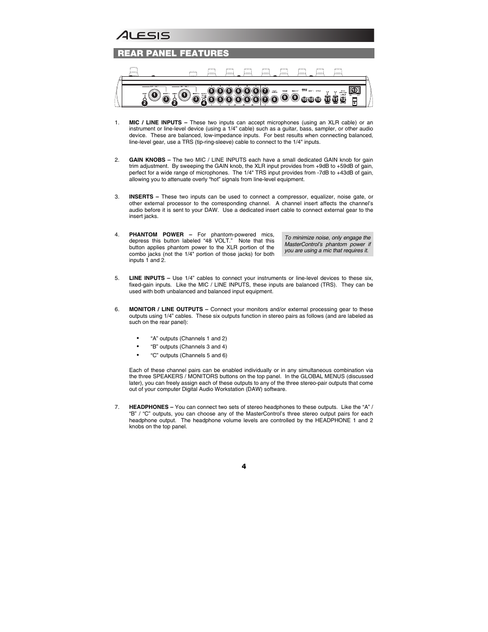 Rear panel features | ALESIS Studio Interface MasterControl User Manual | Page 6 / 56