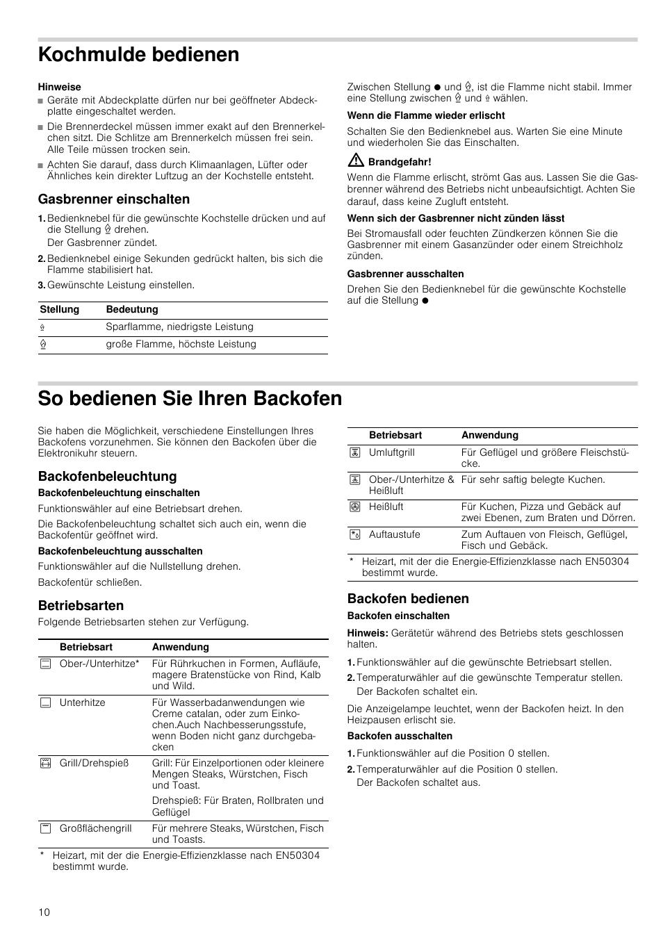 Kochmulde bedienen, Hinweise, Gasbrenner einschalten | Gewünschte leistung einstellen, Brandgefahr, So bedienen sie ihren backofen, Backofenbeleuchtung, Betriebsarten, Backofen bedienen, Hinweis | Siemens HQ738256E User Manual | Page 10 / 64