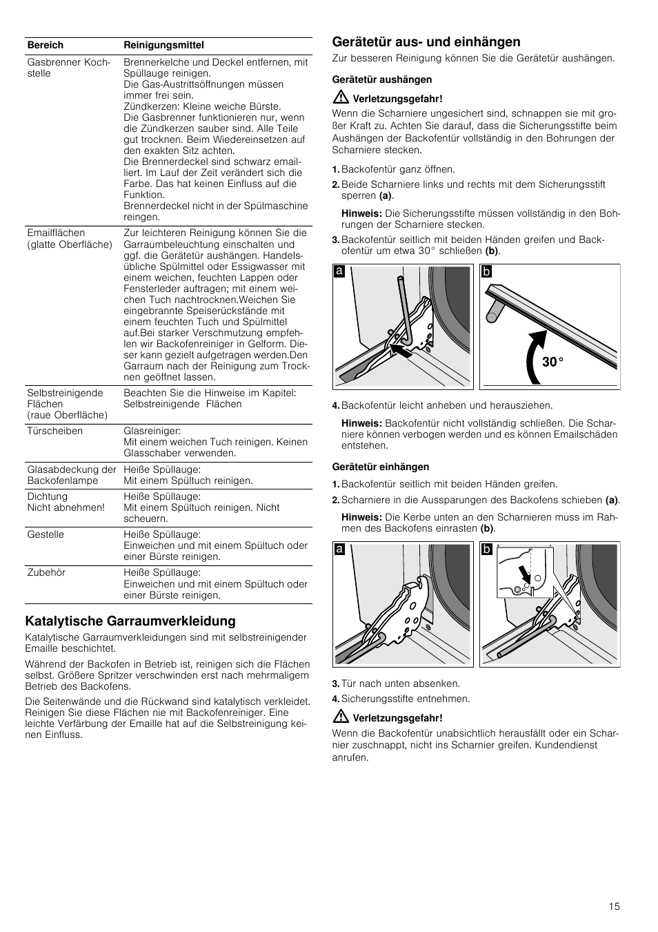 Katalytische garraumverkleidung, Gerätetür aus- und einhängen, Gerätetür aushängen | Verletzungsgefahr, Backofentür ganz öffnen, Hinweis, Backofentür leicht anheben und herausziehen, Gerätetür einhängen, Backofentür seitlich mit beiden händen greifen, Tür nach unten absenken | Siemens HQ738256E User Manual | Page 15 / 64