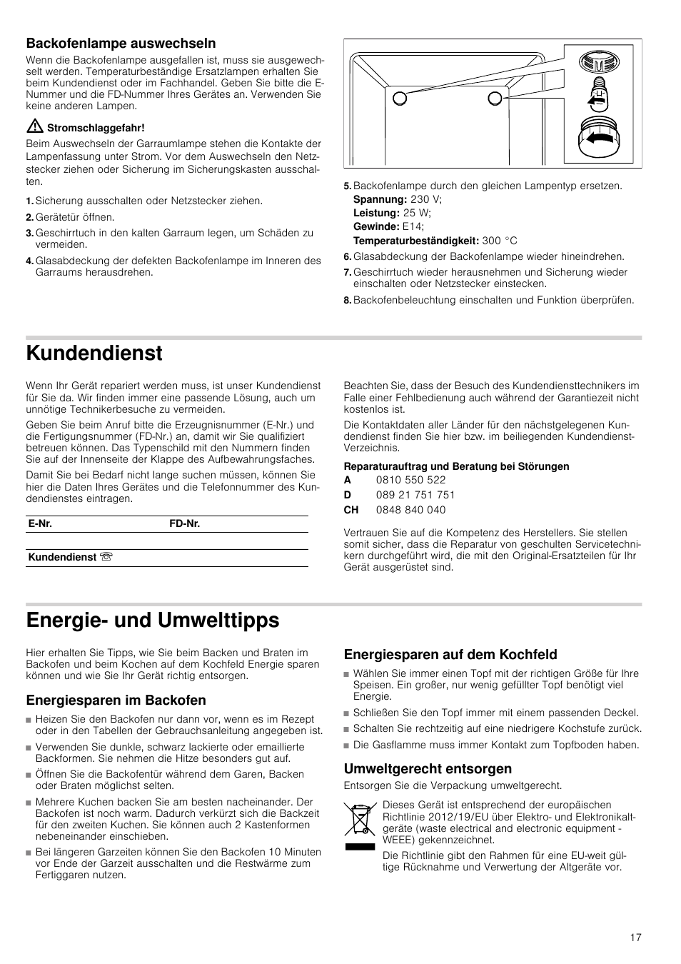 Backofenlampe auswechseln, Stromschlaggefahr, Sicherung ausschalten oder netzstecker ziehen | Gerätetür öffnen, Spannung: 230 v, Leistung: 25 w, Gewinde: e14, Kundendienst, Reparaturauftrag und beratung bei störungen, Energie- und umwelttipps | Siemens HQ738256E User Manual | Page 17 / 64