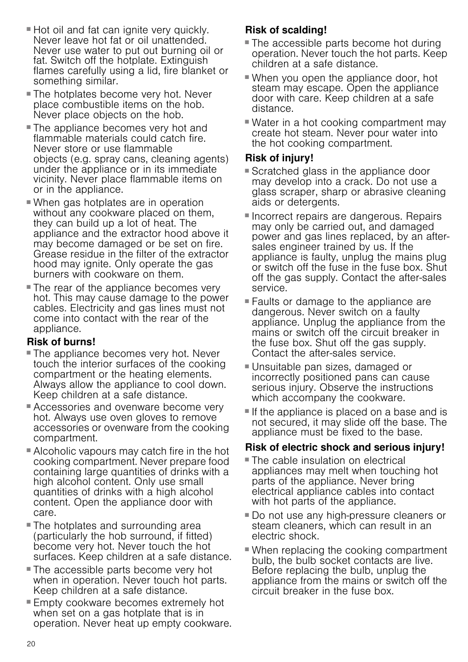 Risk of fire, Risk of burns, Risk of serious burns | Risk of scalding, Risk of injury, Risk of electric shock and serious injury, Risk of electric shock | Siemens HQ738256E User Manual | Page 20 / 64