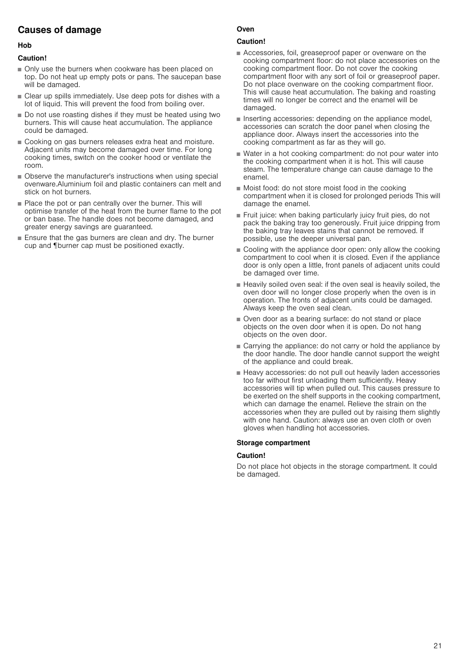 Causes of damage, Caution, Oven | Storage compartment | Siemens HQ738256E User Manual | Page 21 / 64