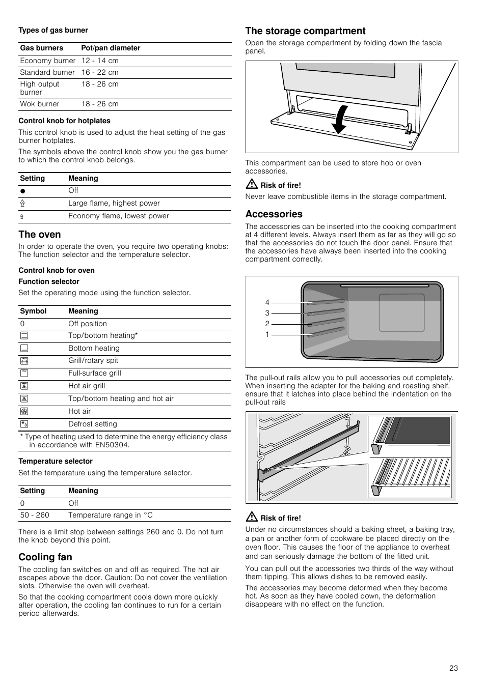 Control knob for hotplates, The oven, Control knob for oven | Cooling fan, The storage compartment, Risk of fire, Accessories, The oven cooling fan | Siemens HQ738256E User Manual | Page 23 / 64