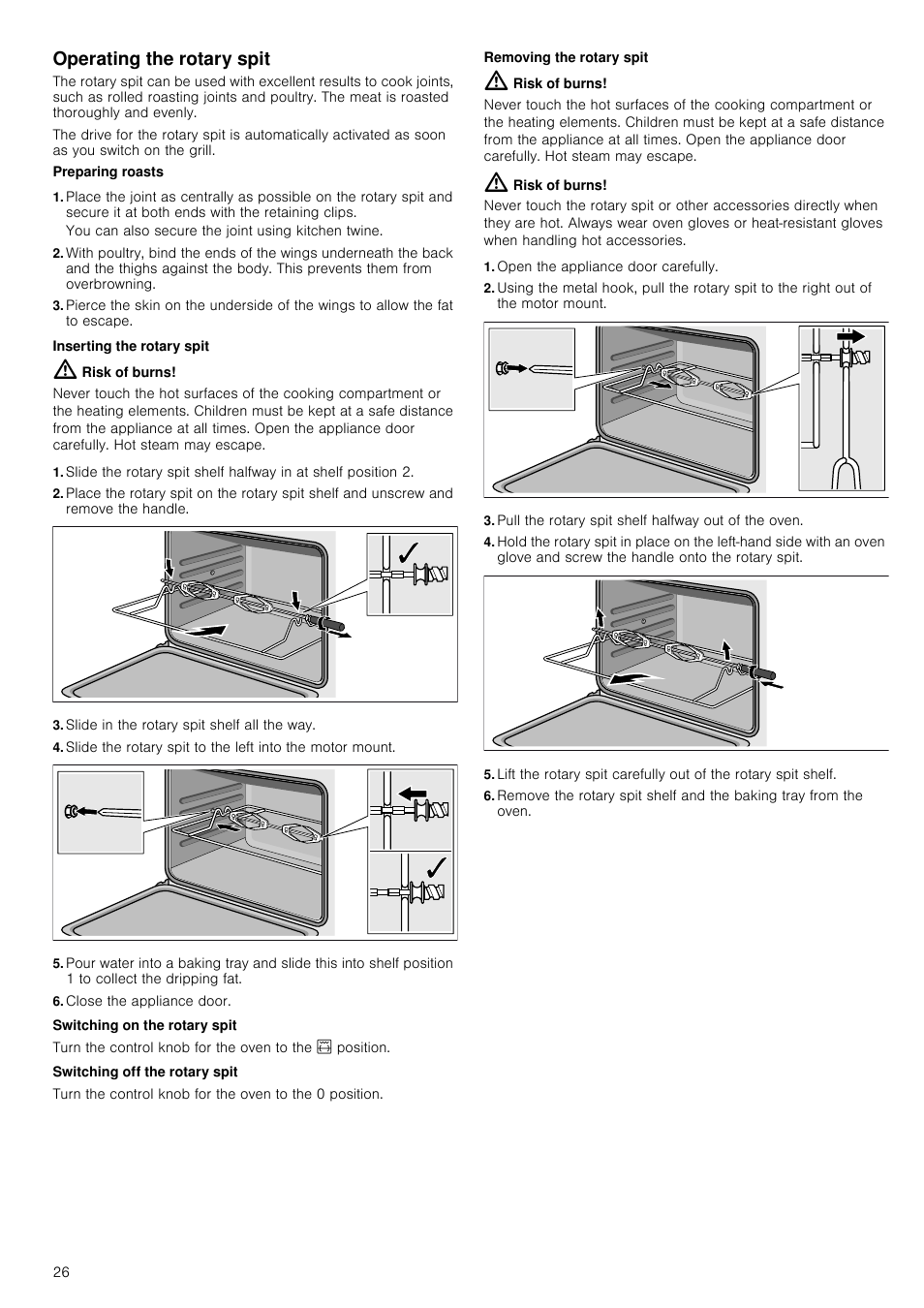 Operating the rotary spit, Risk of burns, Slide in the rotary spit shelf all the way | Close the appliance door, Open the appliance door carefully, Pull the rotary spit shelf halfway out of the oven | Siemens HQ738256E User Manual | Page 26 / 64