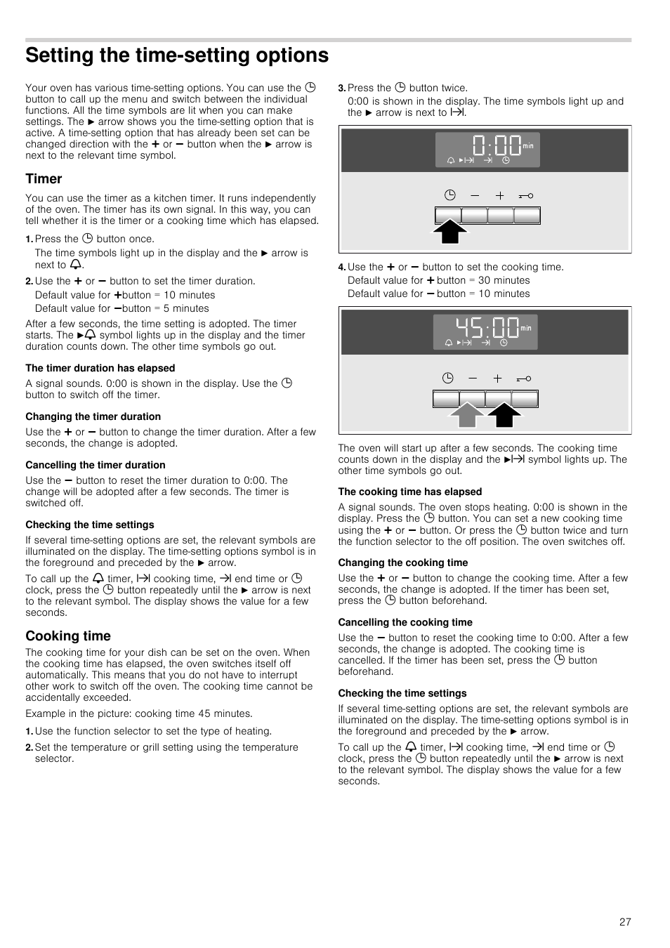 Setting the time-setting options, Timer, Press the 0 button once | Use the @ or a button to set the timer duration, Default value for @button = 10 minutes, The timer duration has elapsed, Changing the timer duration, Cancelling the timer duration, Checking the time settings, Cooking time | Siemens HQ738256E User Manual | Page 27 / 64