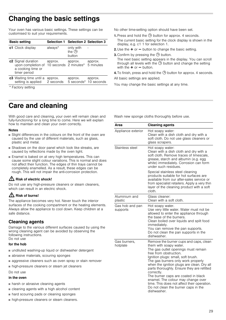 Changing the basic settings, Press and hold the 0 button for approx. 4 seconds, Use the @ or a button to change the basic setting | Confirm by pressing the 0 button, Care and cleaning, Notes, Risk of electric shock, Risk of burns, Cleaning agents | Siemens HQ738256E User Manual | Page 29 / 64