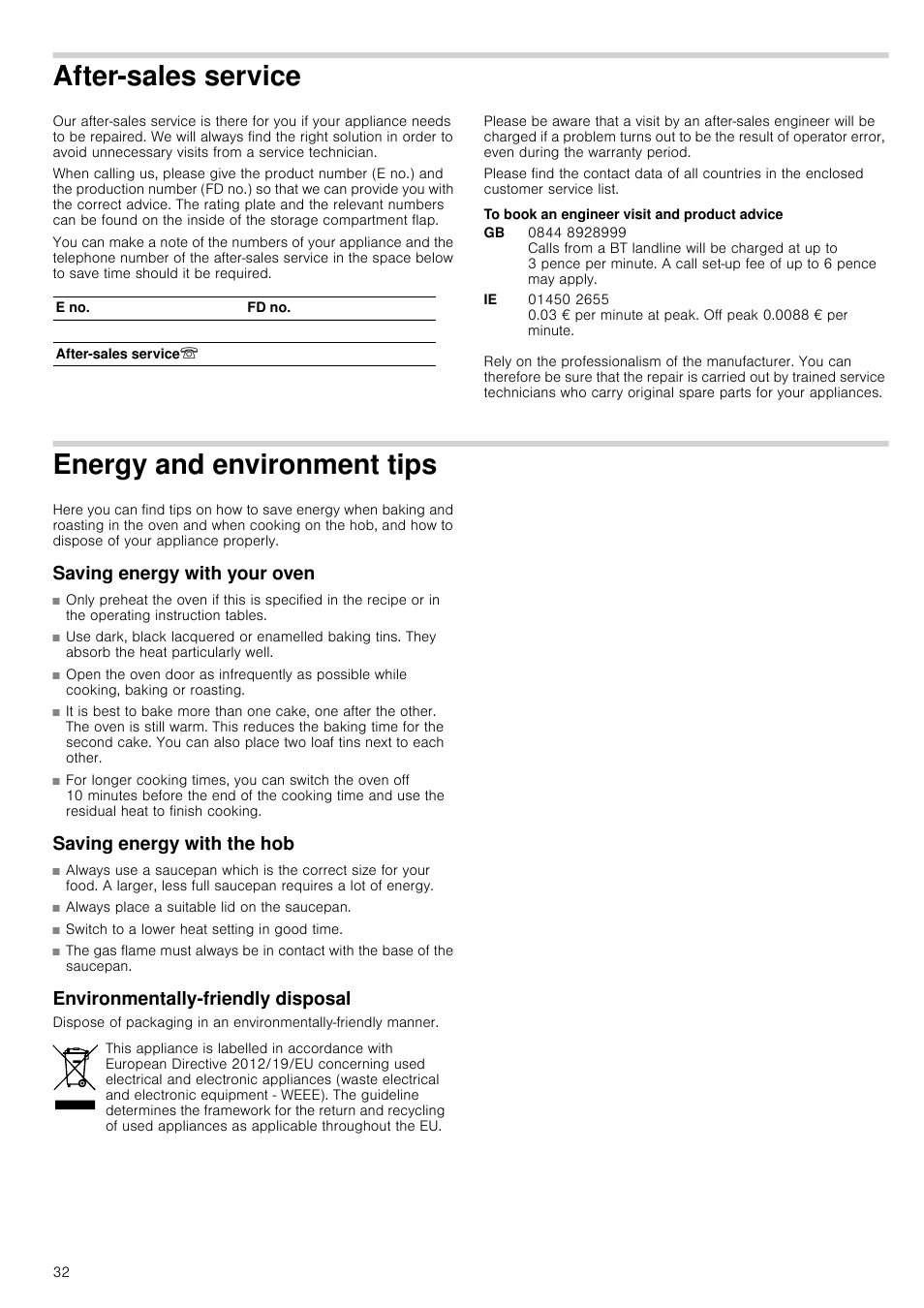 After-sales service, To book an engineer visit and product advice, Energy and environment tips | Saving energy with your oven, Saving energy with the hob, Environmentally-friendly disposal | Siemens HQ738256E User Manual | Page 32 / 64