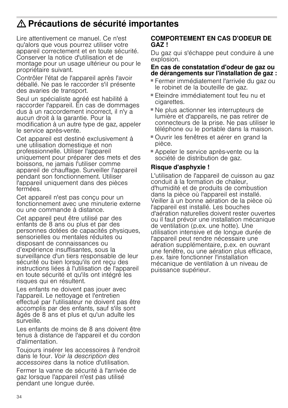 Précautions de sécurité importantes, Comportement en cas d'odeur de gaz, Du gaz qui s'échappe peut conduire à une explosion | Eteindre immédiatement tout feu nu et cigarettes, Ouvrir les fenêtres et aérer en grand la pièce, Risque d'asphyxie | Siemens HQ738256E User Manual | Page 34 / 64