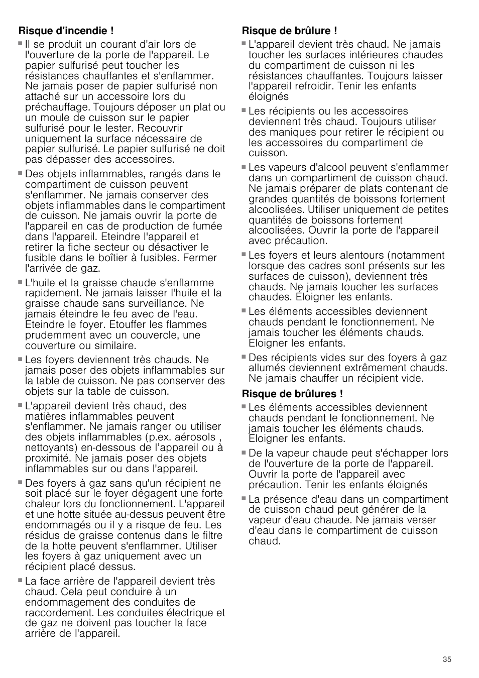 Risque d'incendie, Risque de brûlure, Risque de brûlures | Siemens HQ738256E User Manual | Page 35 / 64