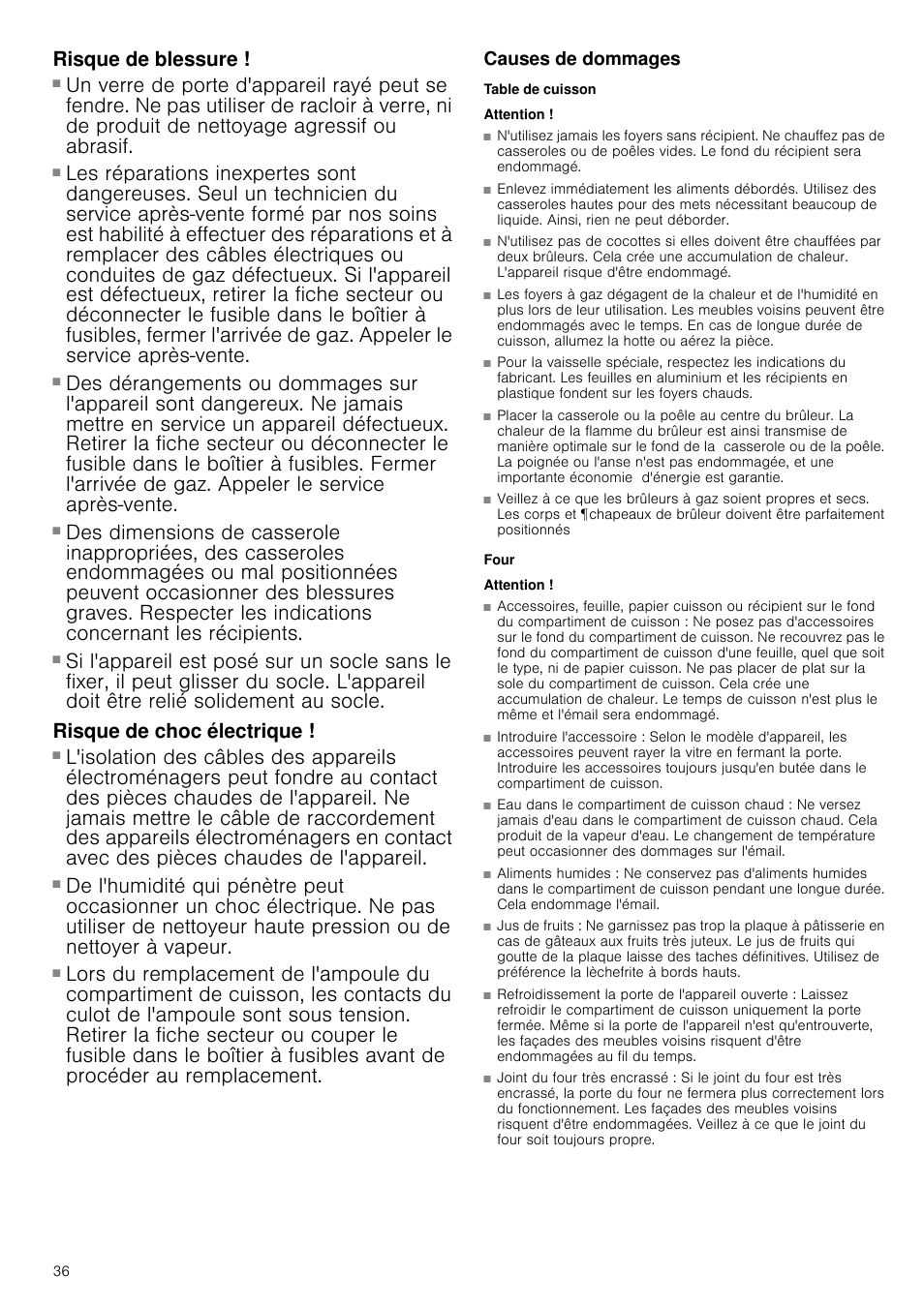 Risque de blessure, Risque de choc électrique, Causes de dommages | Table de cuisson, Attention, Four | Siemens HQ738256E User Manual | Page 36 / 64