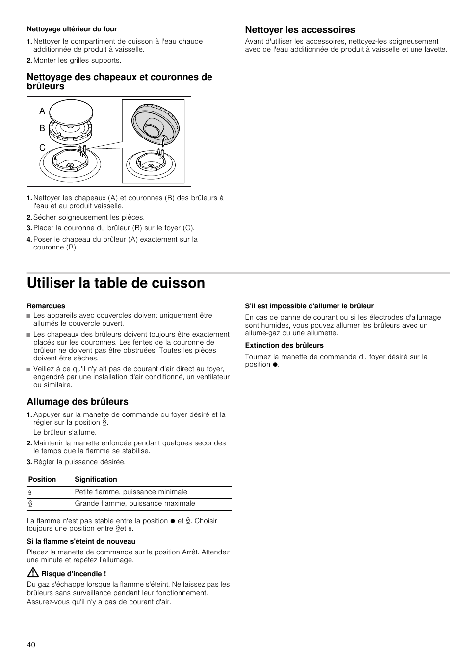 Nettoyage ultérieur du four, Monter les grilles supports, Nettoyage des chapeaux et couronnes de brûleurs | Sécher soigneusement les pièces, Placer la couronne du brûleur (b) sur le foyer (c), Nettoyer les accessoires, Utiliser la table de cuisson, Remarques, Allumage des brûleurs, Régler la puissance désirée | Siemens HQ738256E User Manual | Page 40 / 64