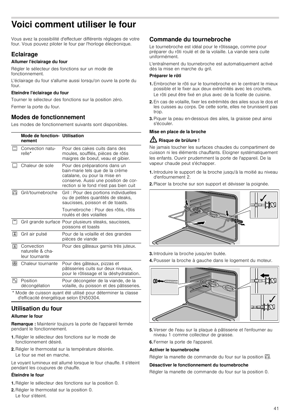 Voici comment utiliser le four, Eclairage, Modes de fonctionnement | Utilisation du four, Remarque, Régler le thermostat sur la température désirée, Régler le thermostat sur la position 0, Commande du tournebroche, Risque de brûlure, Introduire la broche jusqu'en butée | Siemens HQ738256E User Manual | Page 41 / 64