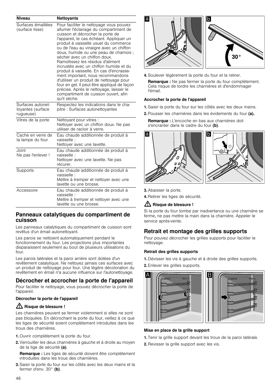 Panneaux catalytiques du compartiment de cuisson, Décrocher et accrocher la porte de l'appareil, Décrocher la porte de l'appareil | Risque de blessure, Ouvrir complètement la porte du four, Remarque, Soulever légèrement la porte du four et la retirer, Accrocher la porte de l'appareil, Abaisser la porte, Retirer les tiges de sécurité | Siemens HQ738256E User Manual | Page 46 / 64