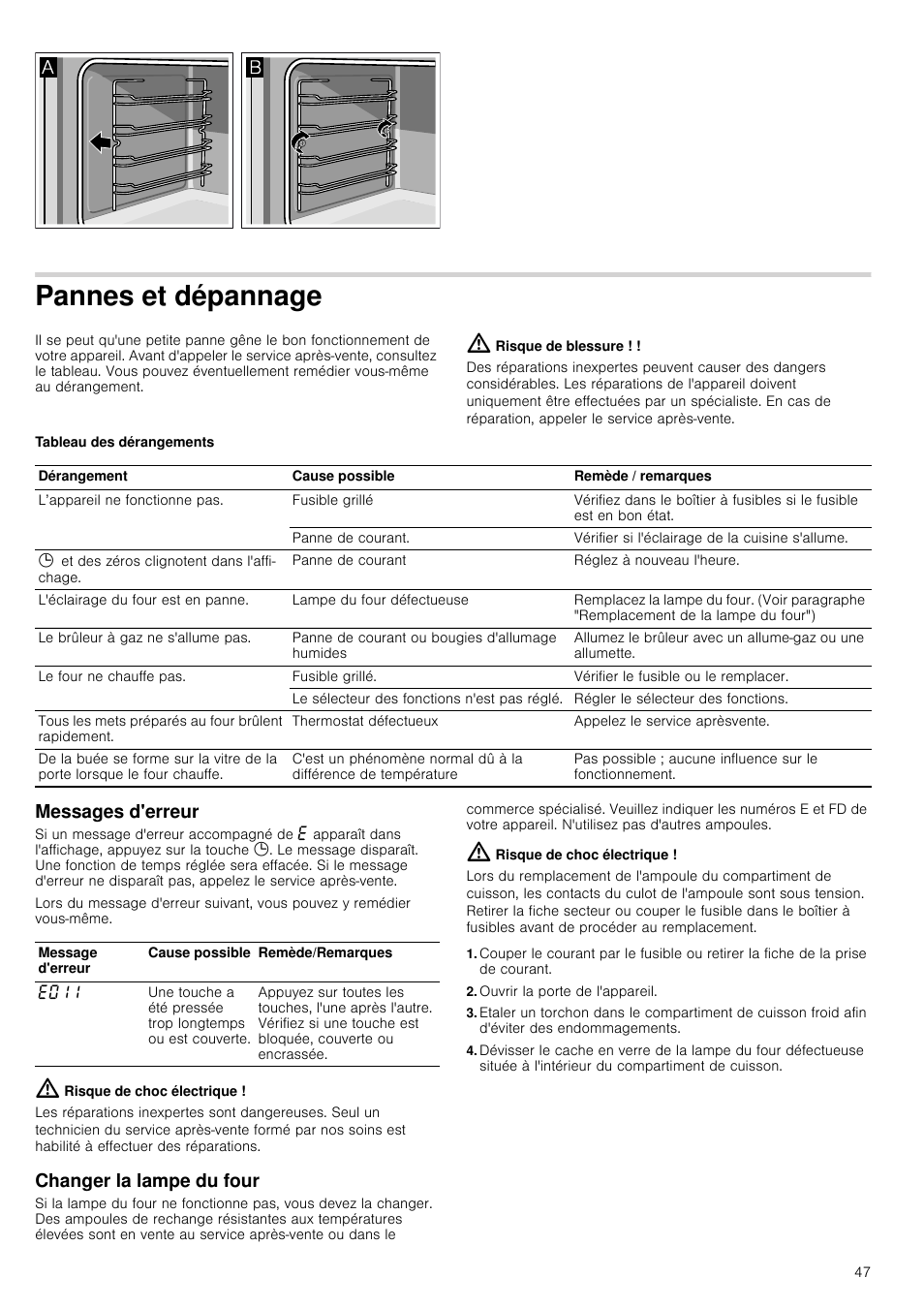 Pannes et dépannage, Risque de blessure, Tableau des dérangements | Messages d'erreur, Risque de choc électrique, Changer la lampe du four, Ouvrir la porte de l'appareil, E messages d'erreur | Siemens HQ738256E User Manual | Page 47 / 64