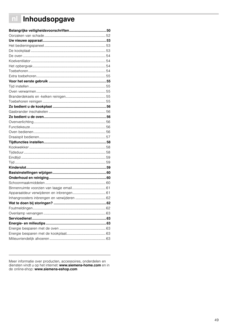 É inhoudsopgave[nl] gebruiksaanwijzing, Heuxlnvddqzlm]lqj, Inhoudsopgave | Siemens HQ738256E User Manual | Page 49 / 64