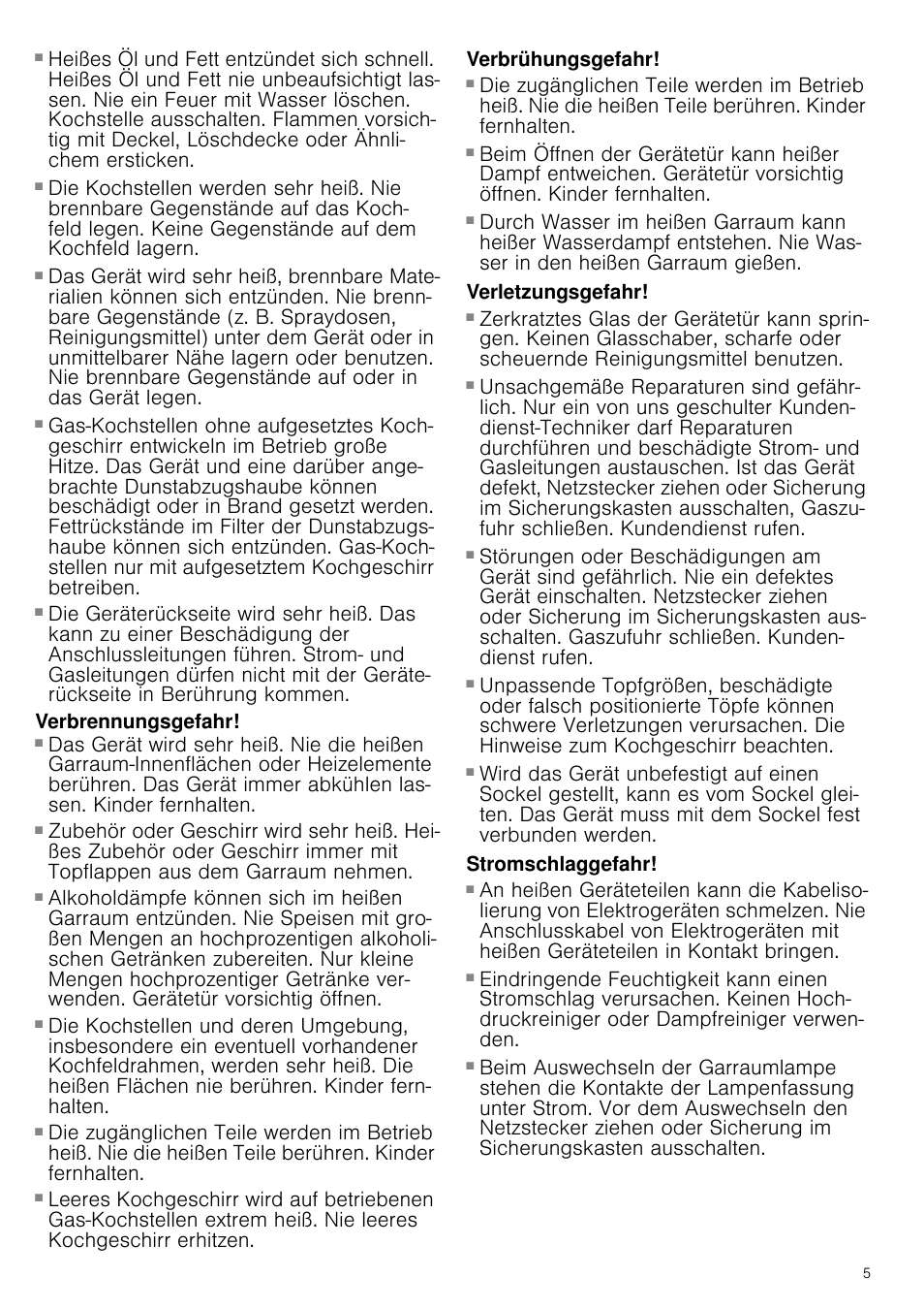 Brandgefahr, Verbrennungsgefahr, Verbrühungsgefahr | Verletzungsgefahr, Stromschlaggefahr | Siemens HQ738256E User Manual | Page 5 / 64