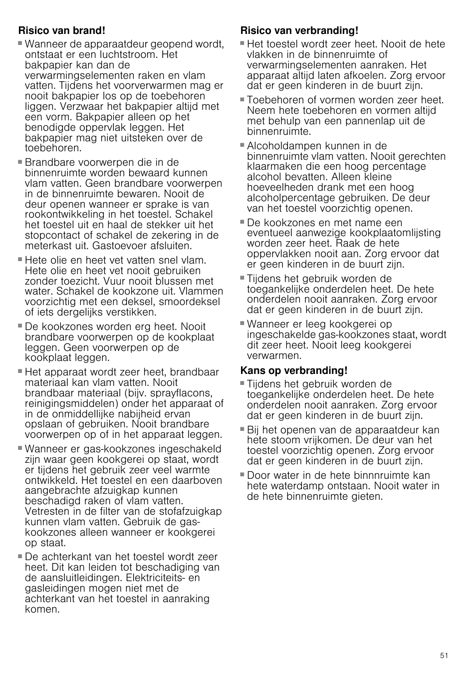 Risico van brand, Risico van verbranding, Kans op verbranding | Kans op verbrandingen | Siemens HQ738256E User Manual | Page 51 / 64