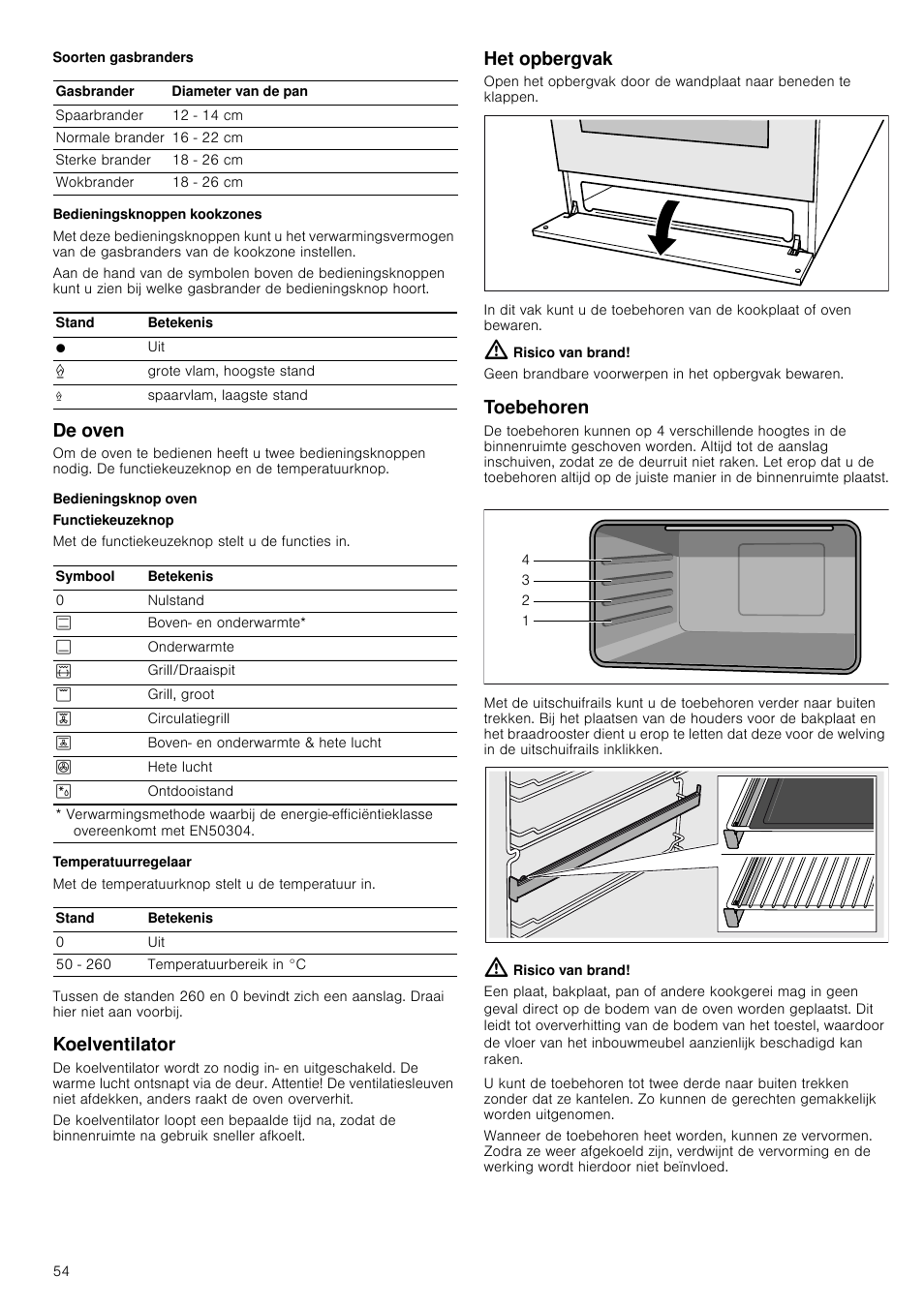 Bedieningsknoppen kookzones, De oven, Bedieningsknop oven | Koelventilator, Het opbergvak, Risico van brand, Toebehoren, De oven koelventilator | Siemens HQ738256E User Manual | Page 54 / 64