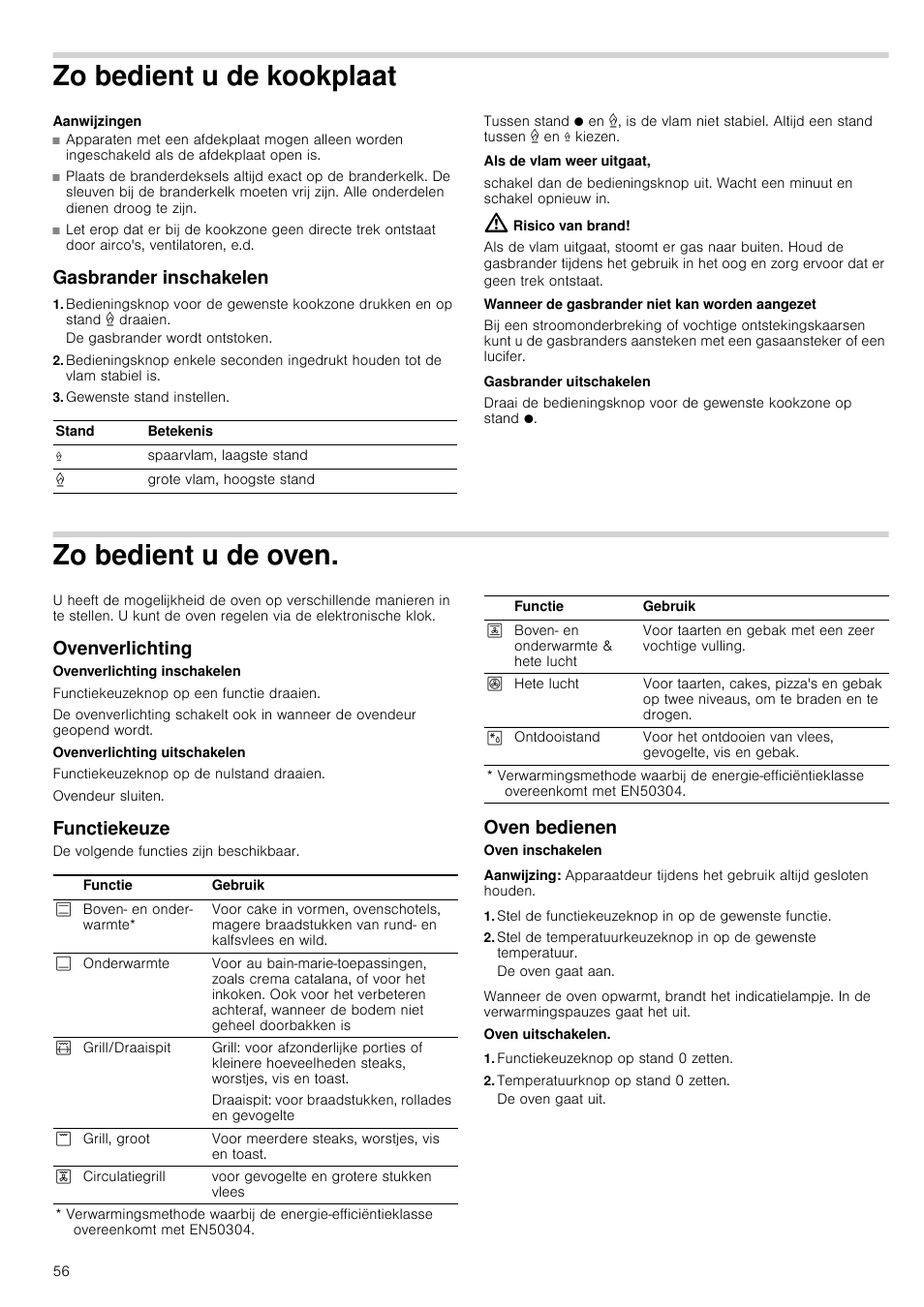 Zo bedient u de kookplaat, Aanwijzingen, Gasbrander inschakelen | Gewenste stand instellen, Risico van brand, Zo bedient u de oven, Ovenverlichting, Functiekeuze, Oven bedienen, Aanwijzing | Siemens HQ738256E User Manual | Page 56 / 64