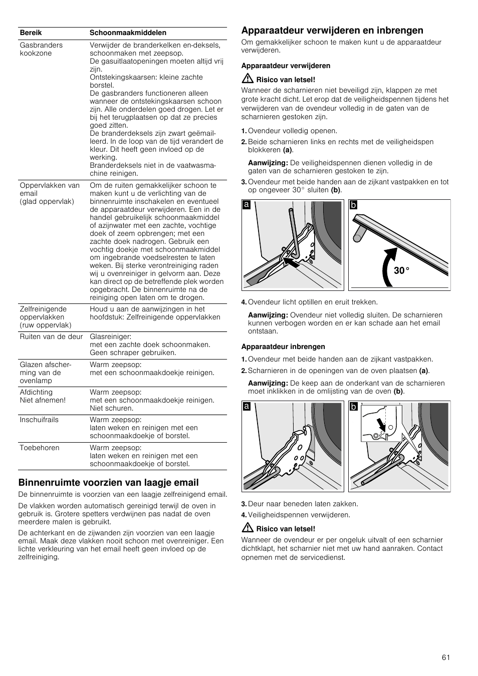 Binnenruimte voorzien van laagje email, Apparaatdeur verwijderen en inbrengen, Apparaatdeur verwijderen | Risico van letsel, Ovendeur volledig openen, Aanwijzing, Ovendeur licht optillen en eruit trekken, Apparaatdeur inbrengen, Deur naar beneden laten zakken, Veiligheidspennen verwijderen | Siemens HQ738256E User Manual | Page 61 / 64