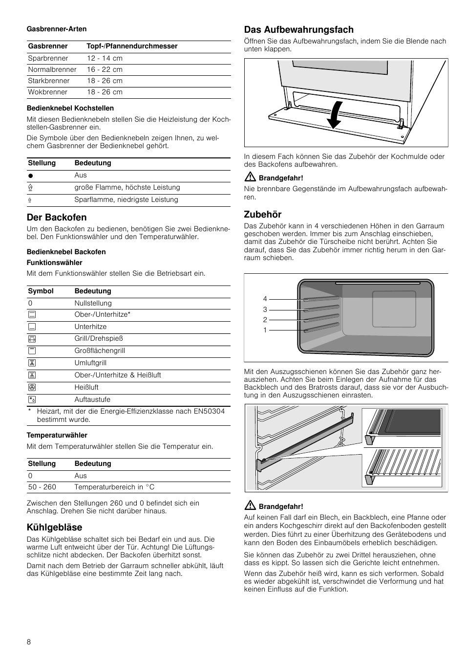 Bedienknebel kochstellen, Der backofen, Bedienknebel backofen | Kühlgebläse, Das aufbewahrungsfach, Brandgefahr, Zubehör, Das aufbewahrungsfach zubehör | Siemens HQ738256E User Manual | Page 8 / 64