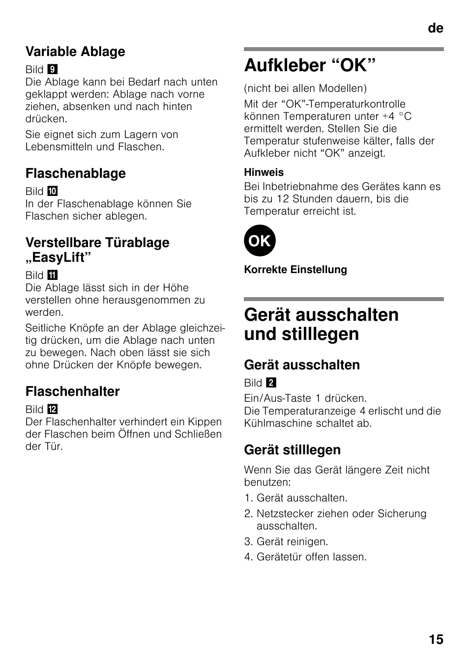 Variable ablage, Flaschenablage, Verstellbare türablage „easylift | Flaschenhalter, Aufkleber “ok, Gerät ausschalten und stilllegen, Gerät ausschalten, Gerät stilllegen, Aufkleber “ok” gerät ausschalten und stilllegen, De 15 variable ablage | Siemens KS36VAW41 User Manual | Page 15 / 87