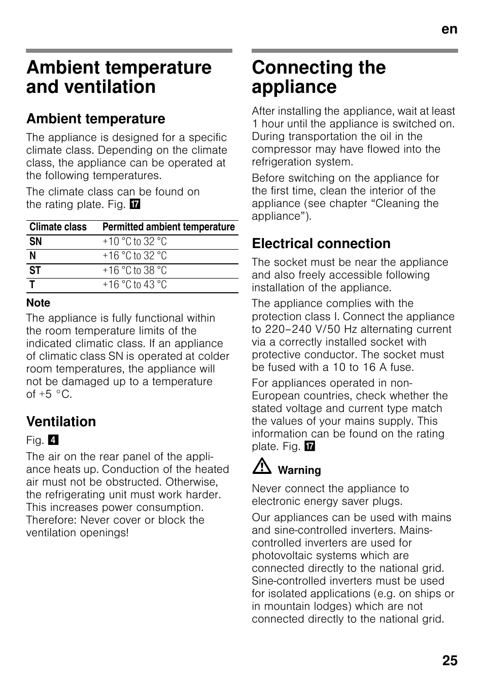 Ambient temperature and ventilation, Ambient temperature, Ventilation | Connecting the appliance, Electrical connection, En 25 | Siemens KS36VAW41 User Manual | Page 25 / 87