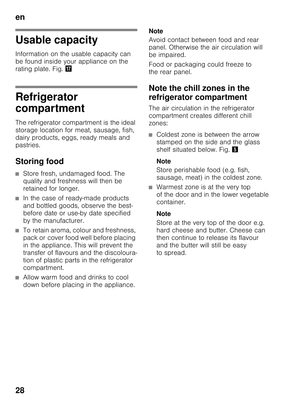 Usable capacity, Refrigerator compartment, Storing food | Usable capacity refrigerator compartment, En 28 | Siemens KS36VAW41 User Manual | Page 28 / 87