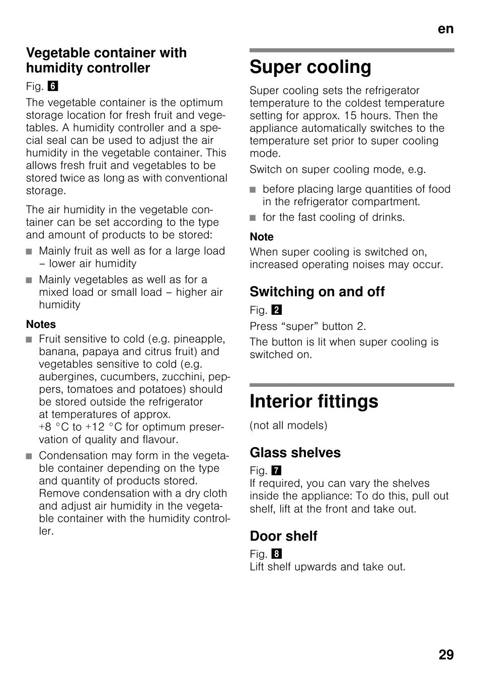 Vegetable container with humidity controller, Super cooling, Switching on and off | Interior fittings, Glass shelves, Door shelf, Super cooling interior fittings, En 29 vegetable container with humidity controller | Siemens KS36VAW41 User Manual | Page 29 / 87