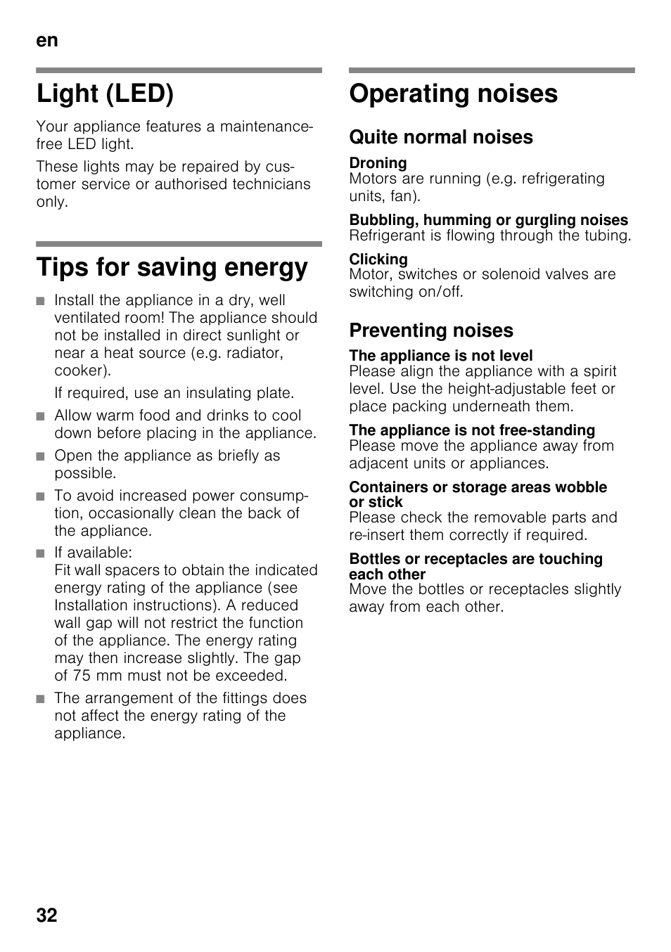 Light (led), Tips for saving energy, Operating noises | Quite normal noises, Droning, Bubbling, humming or gurgling noises, Clicking, Preventing noises, The appliance is not level, The appliance is not free-standing | Siemens KS36VAW41 User Manual | Page 32 / 87