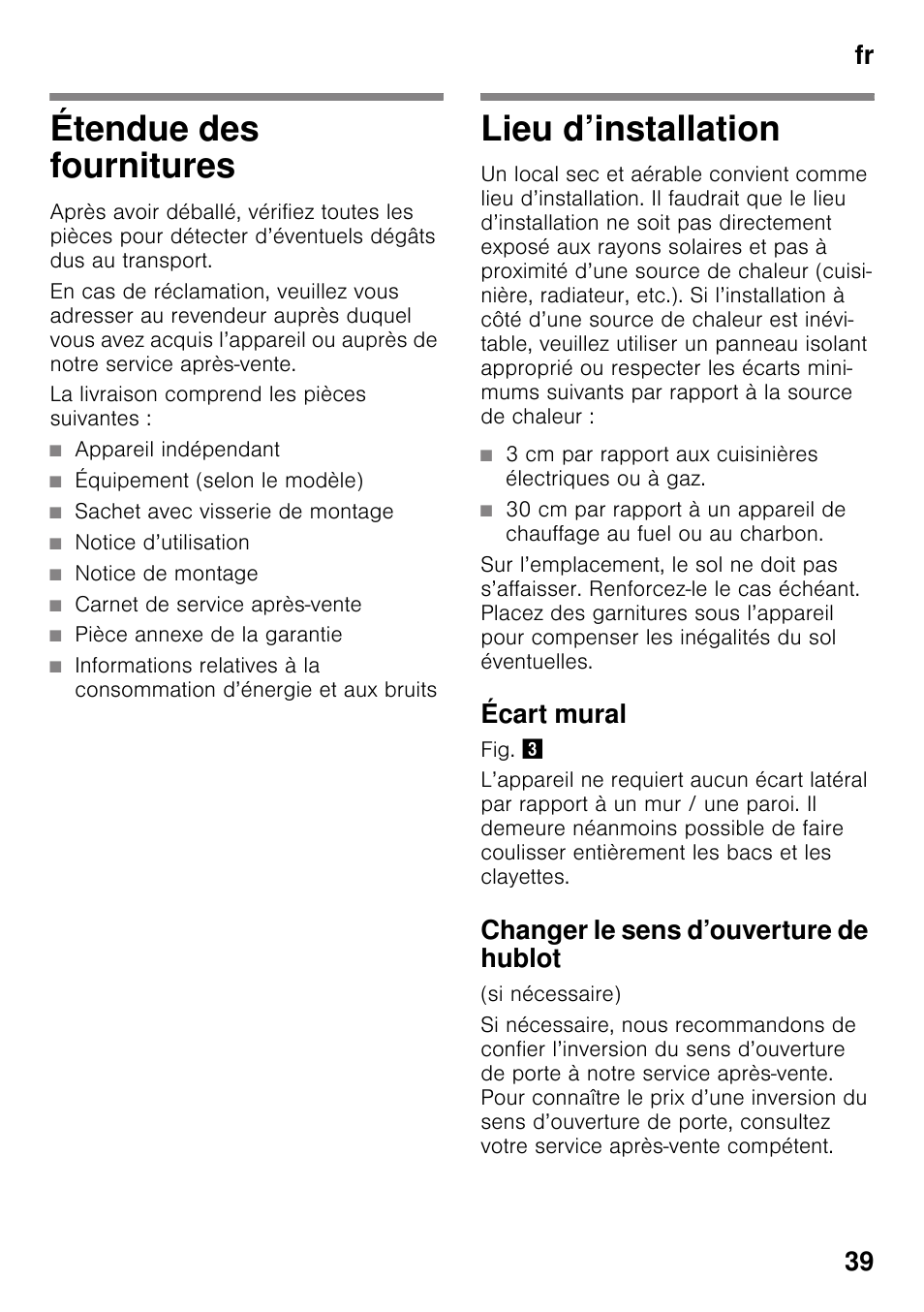 Étendue des fournitures, Lieu d’installation, Écart mural | Changer le sens d’ouverture de hublot, Étendue des fournitures lieu d’installation, Fr 39 | Siemens KS36VAW41 User Manual | Page 39 / 87