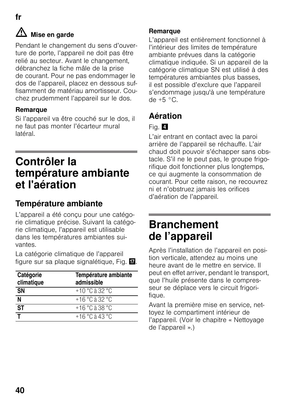 Contrôler la température ambiante et l'aération, Température ambiante, Aération | Branchement de l’appareil, Et l'aération branchement de l’appareil, Fr 40 | Siemens KS36VAW41 User Manual | Page 40 / 87