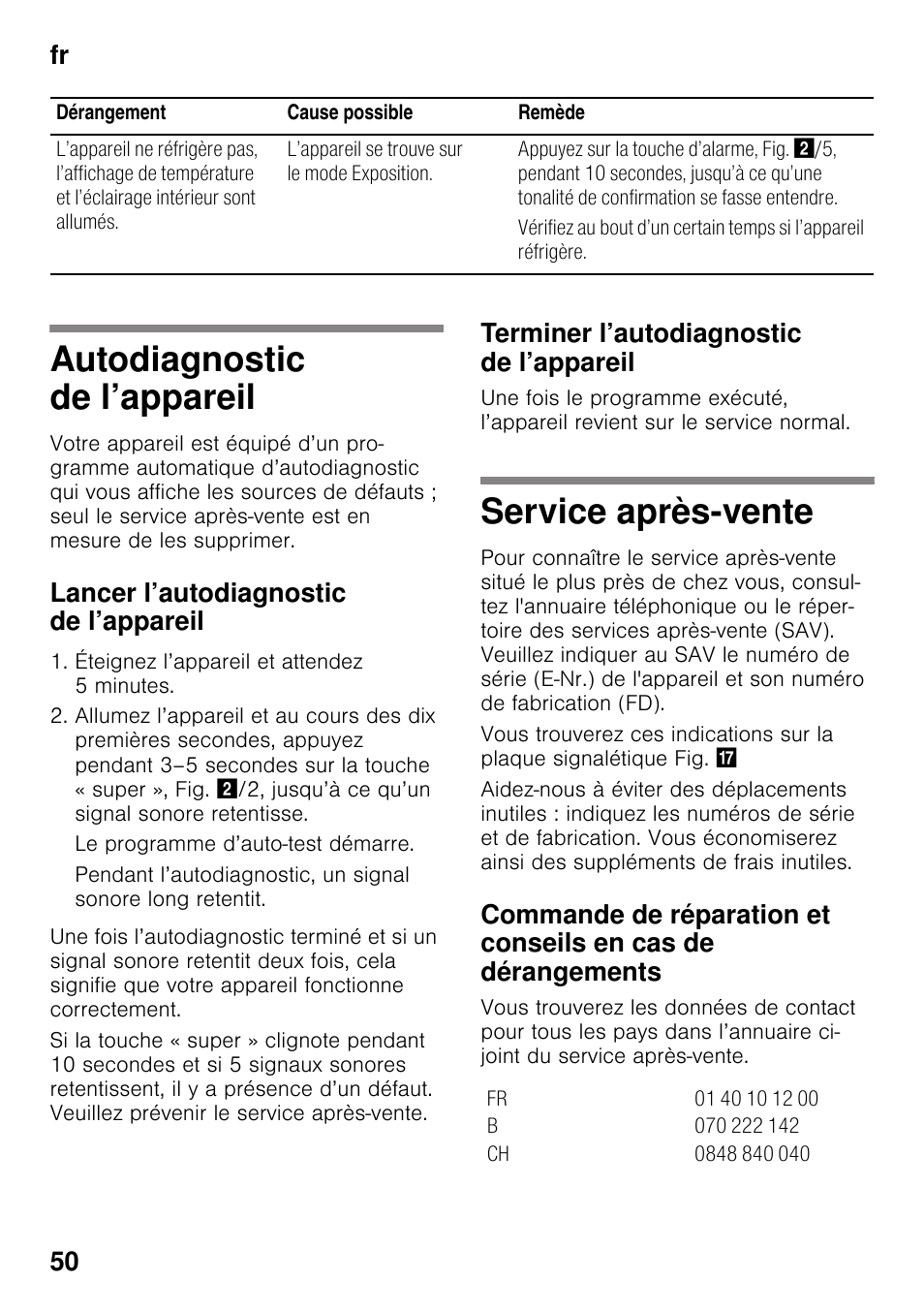 Autodiagnostic de l’appareil, Lancer l’autodiagnostic de l’appareil, Terminer l’autodiagnostic de l’appareil | Service après-vente, Autodiagnostic de l’appareil service après-vente, Fr 50 | Siemens KS36VAW41 User Manual | Page 50 / 87