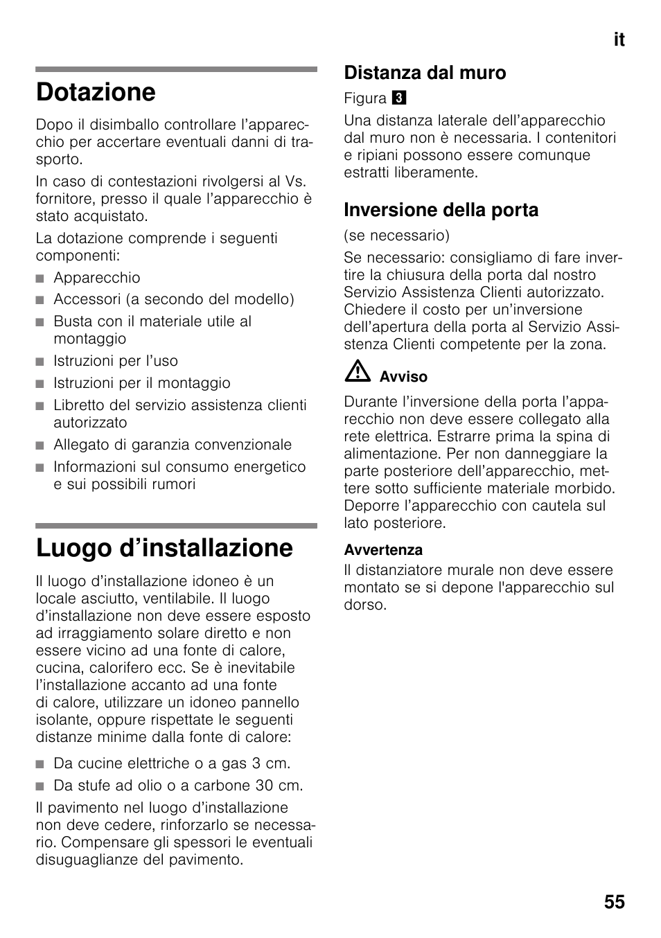 Dotazione, Luogo d’installazione, Distanza dal muro | Inversione della porta, Dotazione luogo d’installazione, It 55 | Siemens KS36VAW41 User Manual | Page 55 / 87