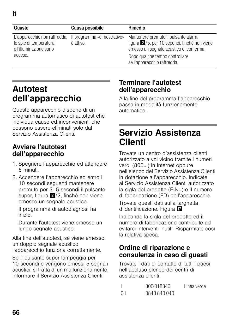 Autotest dell’apparecchio, Avviare l’autotest dell’apparecchio, Terminare l’autotest dell’apparecchio | Servizio assistenza clienti, It 66 | Siemens KS36VAW41 User Manual | Page 66 / 87