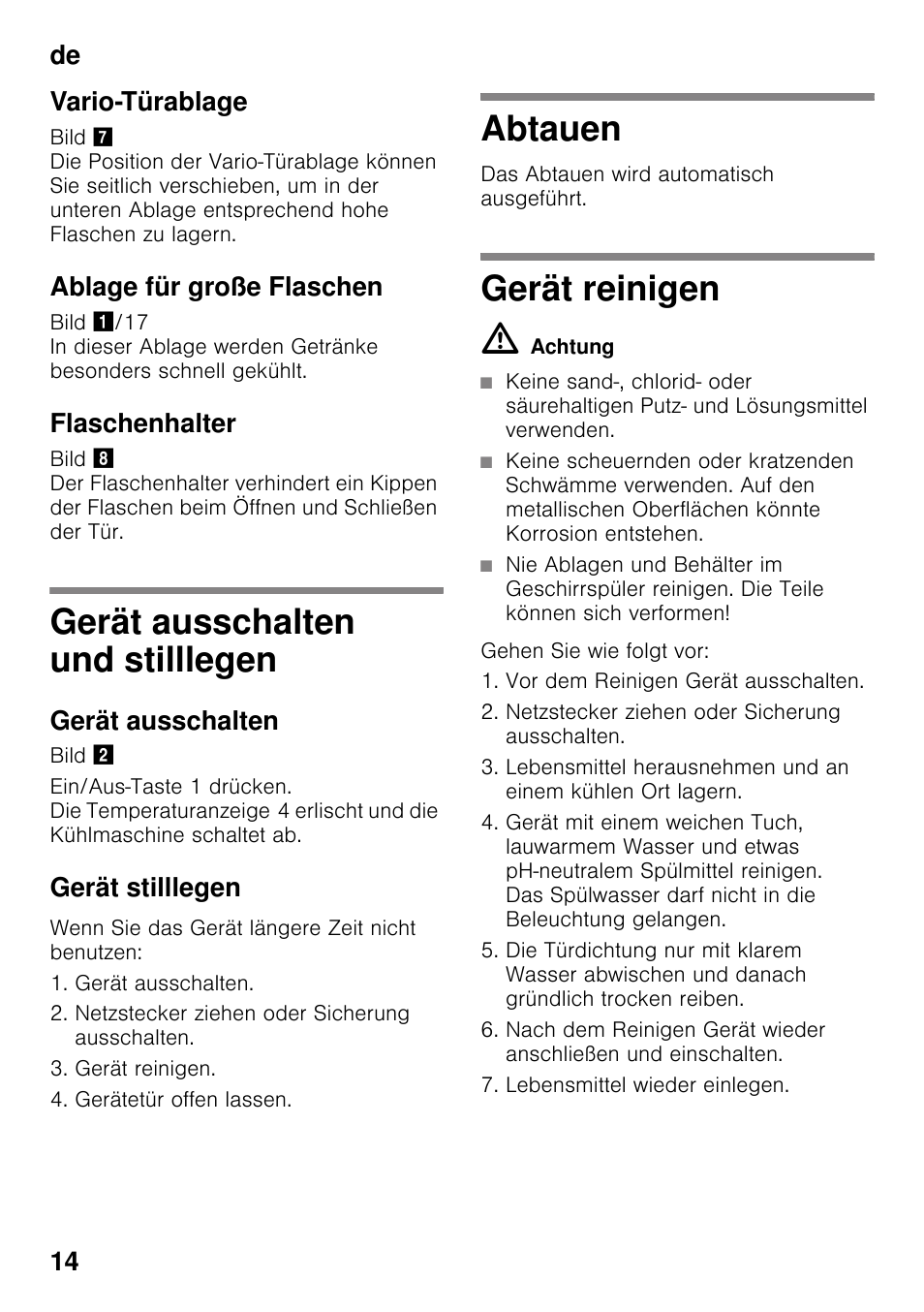 Vario-türablage, Ablage für große flaschen, Flaschenhalter | Gerät ausschalten und stilllegen, Gerät ausschalten, Gerät stilllegen, Abtauen, Gerät reinigen, De 14 vario-türablage | Siemens KI41FAD30 User Manual | Page 14 / 87