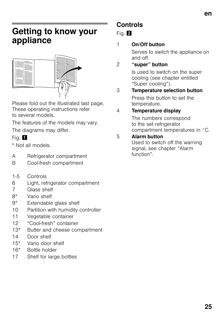 Getting to know your appliance, Controls, En 25 | Siemens KI41FAD30 User Manual | Page 25 / 87