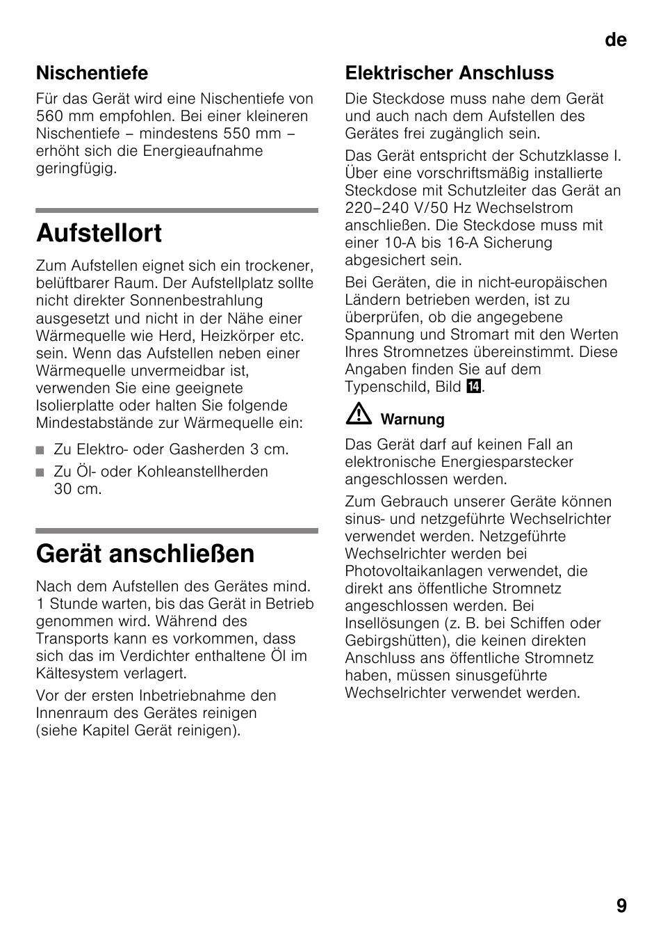 Nischentiefe, Aufstellort, Gerät anschließen | Elektrischer anschluss, Aufstellort gerät anschließen, De 9 nischentiefe | Siemens KI41FAD30 User Manual | Page 9 / 87