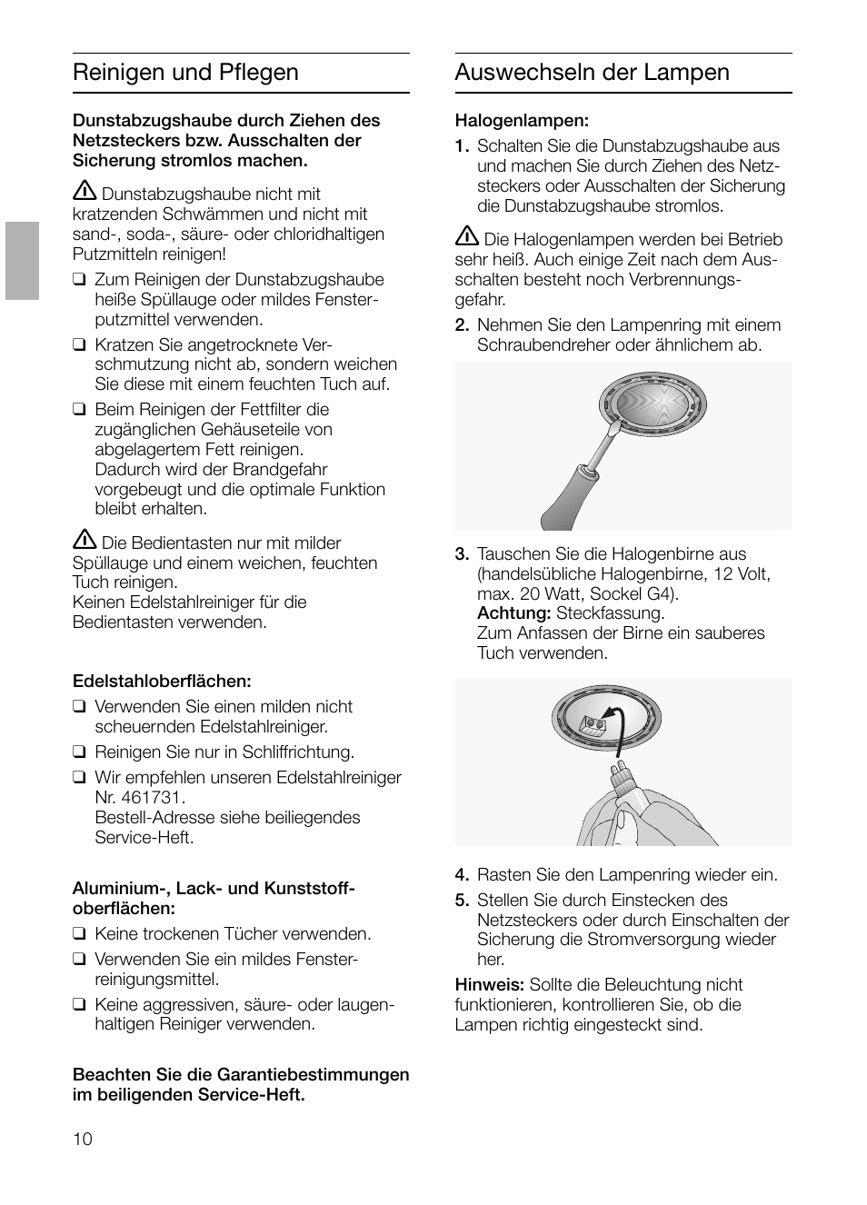 Reinigen und pflegen, Auswechseln der lampen | Siemens LI48632 User Manual | Page 10 / 116